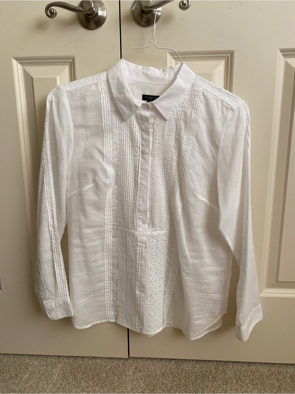 Talbots White Pintuck & Lace-Panel Cotton Shirt